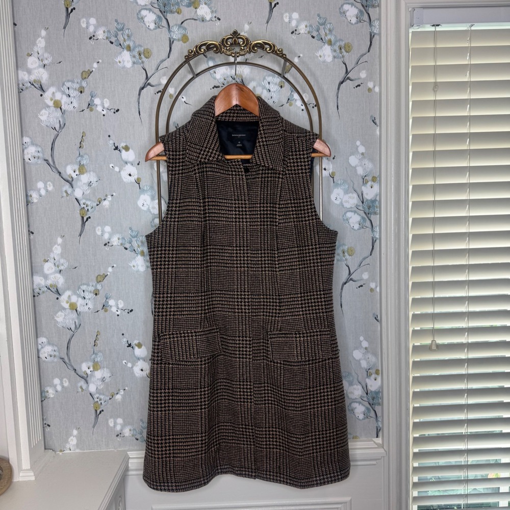 Banana Republic Womens Brown Glen Plaid Wool Blend Sleeveless Coat Vest Size 12